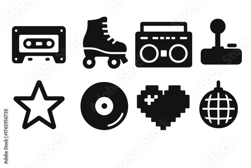 Retro Aesthetic Icons. Solid style icons of Retro Aesthetics: cassette tape, roller skate, boom box, arcade joystick, neon star,