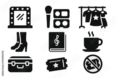 Performer Life Icons. Solid style icons of Performer Life: dressing room mirror, makeup kit, costume rack, stage boots, rehearsal