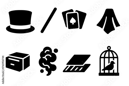 Illusionist Tools Icons. Solid style icons of Illusionist Tools: top hat, magic wand, deck of cards, silk cloth, hidden