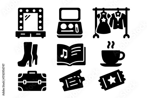 Performer Life Icons. Solid style icons of Performer Life: dressing room mirror, makeup kit, costume rack, stage boots, rehearsal
