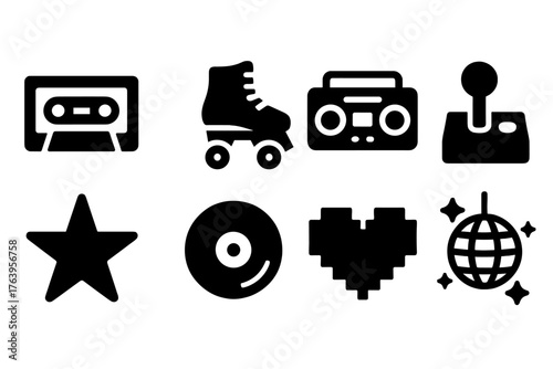 Retro Aesthetic Icons. Solid style icons of Retro Aesthetics: cassette tape, roller skate, boom box, arcade joystick, neon star,