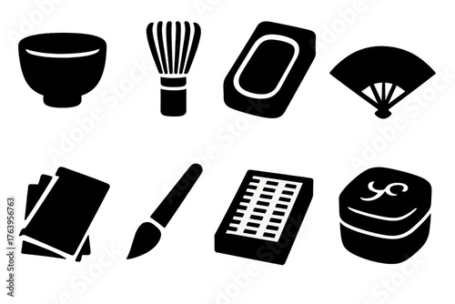 Japanese Craft Icons. Solid style icons of Japanese Craft: tea bowl, bamboo whisk, ink stone, folding fan, washi paper,