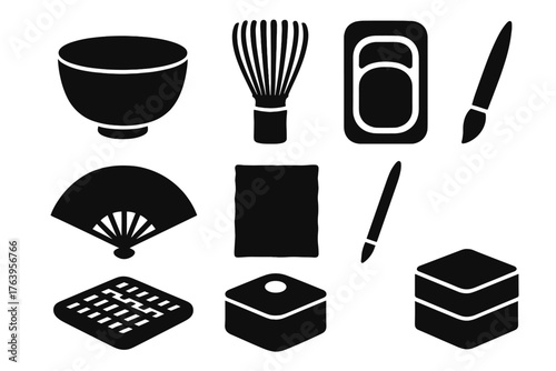 Japanese Craft Icons. Solid style icons of Japanese Craft: tea bowl, bamboo whisk, ink stone, folding fan, washi paper,