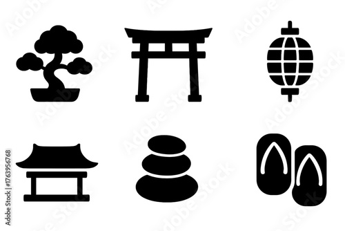 Japanese Aesthetic Icons. Solid style icons of Japanese Aesthetics: bonsai tree, torii gate, folding screen, lantern, temple roof,