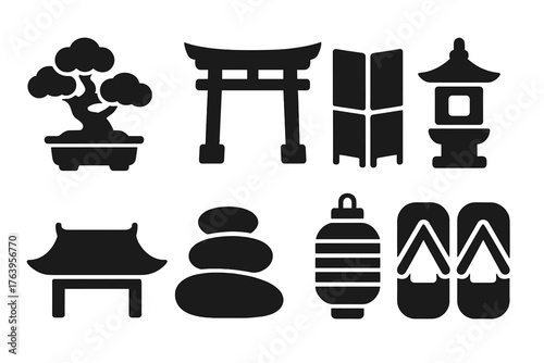 Japanese Aesthetic Icons. Solid style icons of Japanese Aesthetics: bonsai tree, torii gate, folding screen, lantern, temple roof,