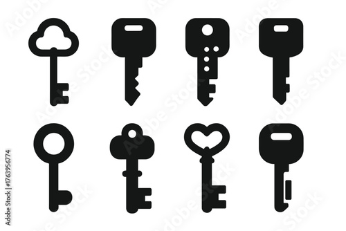Keys Icon Collection. Solid style icons of Key Design: skeleton key, warded key, dimple key, master key, tubular key, double-sided
