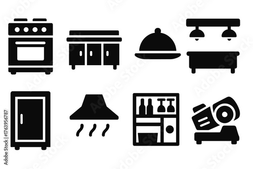 Restaurant Equipment Icons. Solid style icons of Restaurant Equipment: chef’s stove, prep counter, serving tray, dish warmer, walk