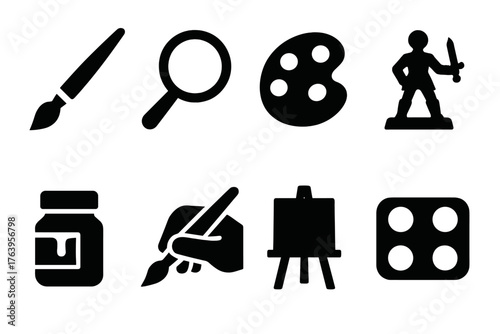 Miniature Painting Tools. Solid style icons of Miniature Painting: fine brush, magnifying glass, palette, tiny figure, paint pot,