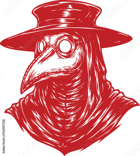 Red Plague Doctor Mask With Hat And Goggles On White Background Keywords: plague doctor, mask, hat, goggles, historical, costume