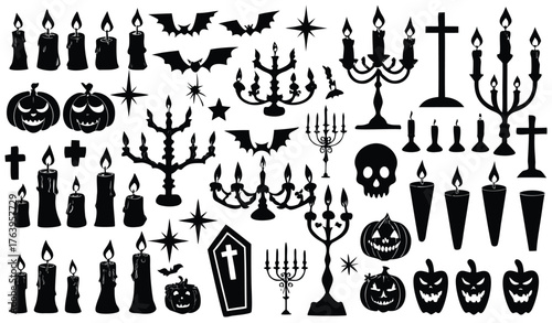 Spooky Halloween Silhouettes: Candles, Pumpkins, Bats, and Crosses for Eerie Decor Designs