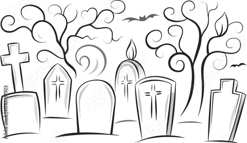Eerie Graveyard Decor: Tombstones, Candles, Bats, and Twisted Trees for Halloween Ambiance