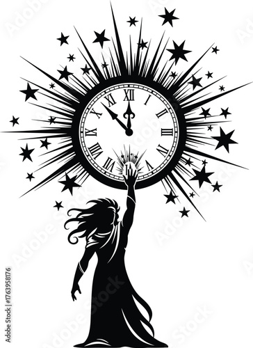 Silhouette of a person reaching for a clock face surrounded by stars and radiating lines