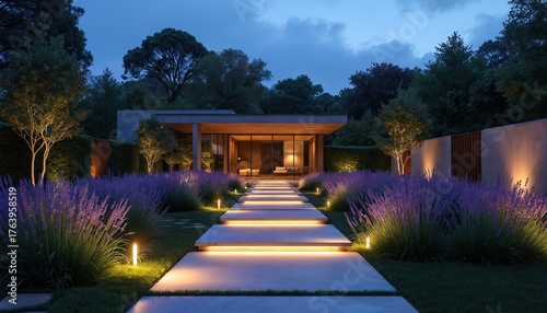 Illuminated pathway leads to modern residential house surrounded by rich garden and vibrant purple flowers. Ambient lighting enhances architecture, creating a welcoming ambiance for summer evenings.