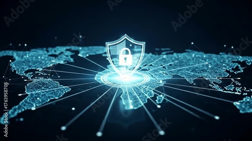 Digital map of the world with a glowing shield symbolizing cybersecurity