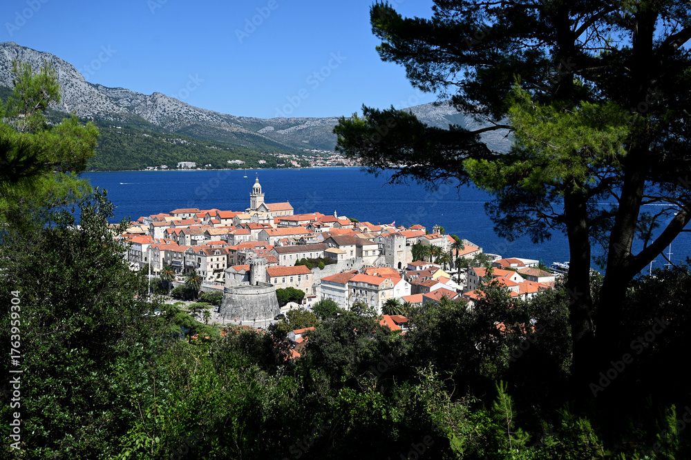 Obraz premium Korcula Old Town panorama. Top view on the Korcula Old Town.