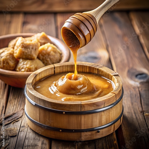 sweet liquid jaggery flowing slowly inside round wooden jar on white background natural syrup photography