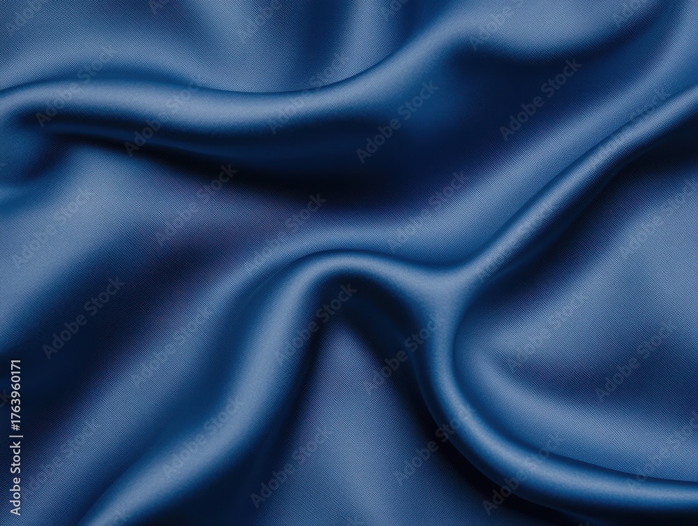Fototapeta premium A smooth blue fabric surface with gentle waves flowing across it displays a subtle texture. Smooth blue fabric drapes softly in gentle waves creating a rich texture.