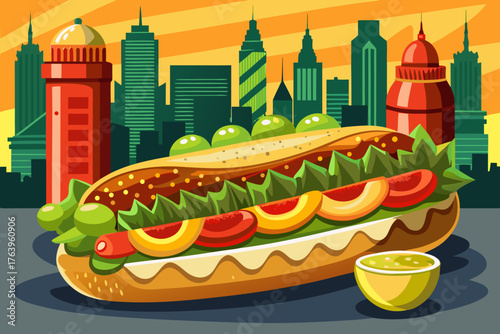The hot dog is the symbol of the streets of New York; Grilled sausage with special bread, mustard, caramelized onion and special sauce. Stylish design with the addition of pickled cucumbers and colore