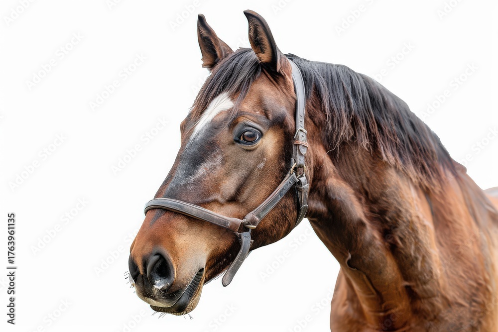 Obraz premium Majestic Brown Horse Portrait: A close-up view of a handsome brown horse with a distinctive white blaze, captured in a studio setting.