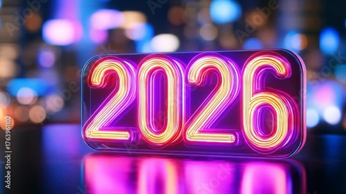 The year 2026 is displayed in glowing neon digits illuminated with purple and yellow hues set against a blurred urban backdrop featuring bokeh lights of blue orange and white