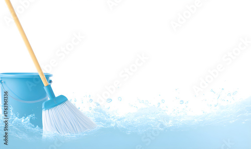 Blue bucket and broom with water splash. Cleaning supplies for home sanitation and hygiene. Fluid wave with drops, for housekeeping concept.