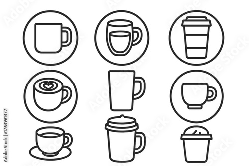 Line Style Coffee Cups. Line style icons of coffee cups in round shape: ceramic mug, glass cup, travel tumbler, takeaway cup; cup