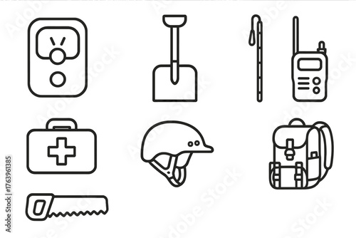 Avalanche Safety Icons. Line style icons of Avalanche Safety: Beacon, Shovel, Probe, First Aid Kit, Helmet, Radio, Snow Saw,