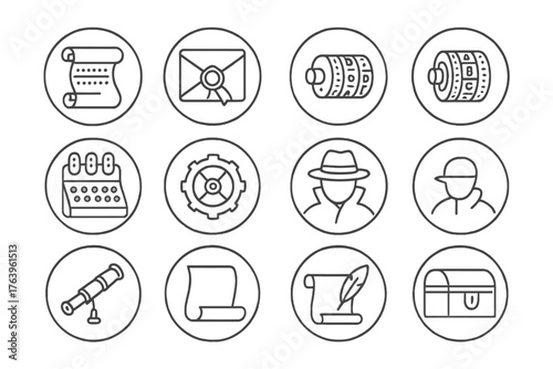 Historical Cryptography Icons. Line style icons of historical cryptography in round shape: scroll cipher, wax seal letter, coded