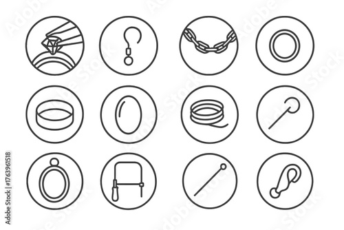Jewelry Crafting Icons. Line style round vector icons of Jewelry Crafting: Gem Setting, Earring Hook, Necklace Chain, Jump Ring;