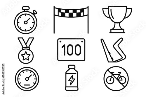 Cycling Race Icons. Line style icons of Racing cycling: stopwatch, finish line, trophy, medal, race number, water bottle cage,