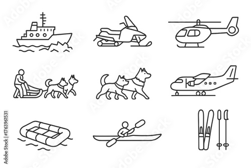 Arctic Transport Icons. Line style icons of Arctic transport: icebreaker ship, snowmobile, sled dogs, skis, helicopter, supply
