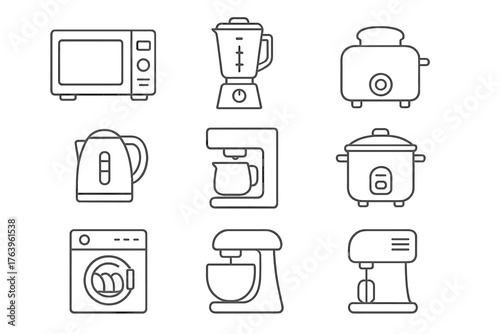 Line Style Appliances Icons. Line style icons of Appliances: Microwave, Blender, Toaster, Kettle, Coffee Maker, Rice Cooker,