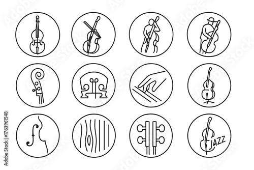 Double Bass Icons. Line style icons of double bass in round shape: full upright bass, bass with bow, side view bass, jazz player