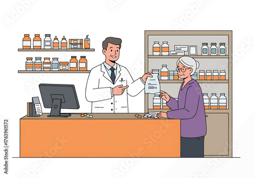 Pharmacist Assisting Senior Woman with Prescription at Pharmacy Counter