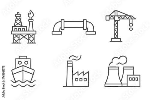 Industrial Line Icons. Line style icons of Heavy industry: oil rig, pipeline, steel bridge, crane, ship hull, train rail, factory
