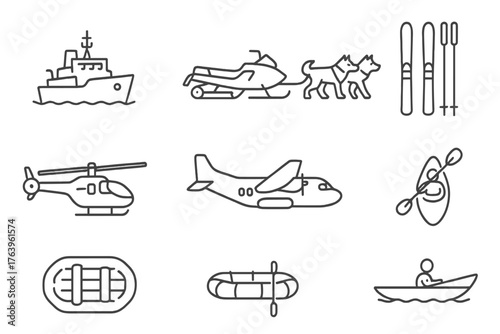 Arctic Transport Icons. Line style icons of Arctic transport: icebreaker ship, snowmobile, sled dogs, skis, helicopter, supply