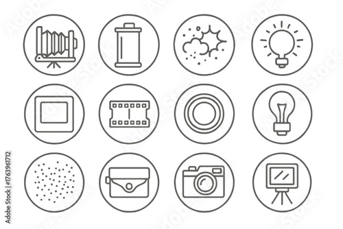 Vintage Photography Icons. Line style round vector icons of Vintage Photography: Bellows Camera, Film Canister, Light Leak,