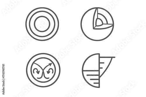 Earth Layers Diagram. Line style icons of earth layers in round shape: crust, mantle, outer core, inner core; layered sphere,