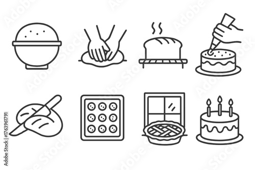 Line Style Baking Icons. Line style icons of Baking scenes: rising dough, kneading hands, loaf cooling, cake decorating, bread