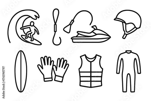 Extreme Surfing Icons. Line style icons of Extreme Surfing: Big Wave, Tow-in Rope, Jet Ski, Helmet, Board, Gloves, Impact Vest,