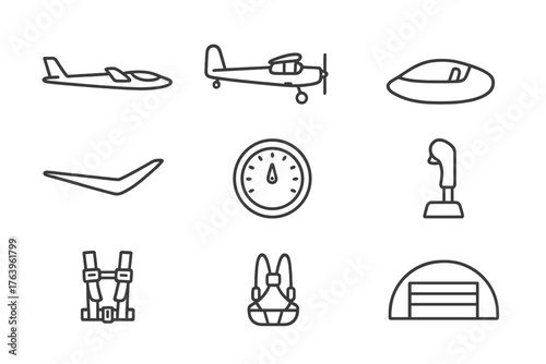 Gliding Icon Set. Line style icons of Gliding: Sailplane, Tow Plane, Cockpit, Wing, Variometer, Control Stick, Harness, Hangar, No