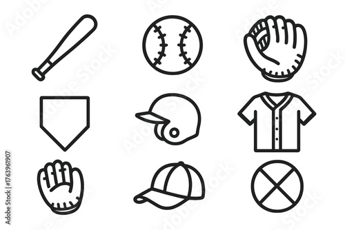 Baseball Icons Set. Line style icons of Baseball: Baseball Bat, Baseball, Mitt, Base, Helmet, Jersey, Glove, Cap, No text, No