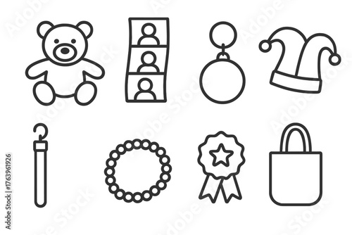 Carnival Souvenirs Icons. Line style icons of Carnival souvenirs: stuffed toy, photo booth strip, keychain, novelty hat, glow