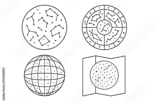 Celestial Icons Set. Line style icons of star charts in round shape: circular constellation map, labeled stars, zodiac map, deep