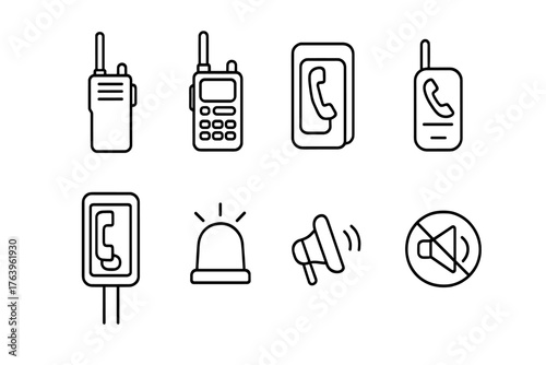 Emergency Communication Icons. Line style icons of Emergency communication: walkie talkie, police radio, fire alarm phone,