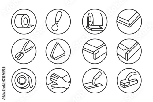 Copper Foil Tools Icons. Line style round vector icons of Copper Foil Technique: Foil Roll, Foil Burnisher, Foil Dispenser, Seamed