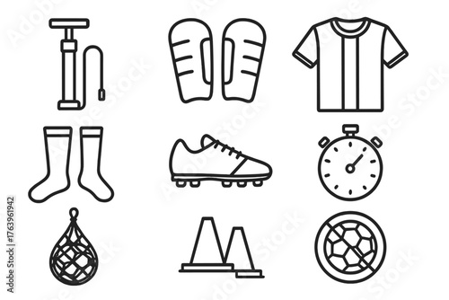 Soccer Equipment Icons. Line style icons of Soccer Equipment: Ball Pump, Shin Guards, Jersey, Socks, Cleats, Stopwatch, Net Bag,