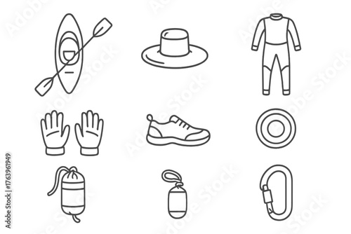 River Gear Icons. Line style icons of River gear: kayak, spray skirt, dry suit, paddle gloves, water shoes, buoy, throw bag,