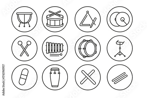 Percussion Icon Compilation. Line style icons of percussion instruments in round shape: timpani, snare drum, triangle, cymbals;