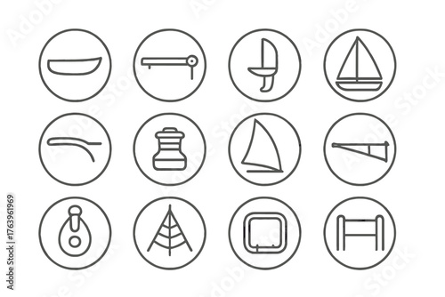 Sailboat Parts Icons. Line style round vector icons of Sailboat Parts: Hull, Boom, Keel, Mainsail; Tiller, Winch, Jib, Bowsprit;